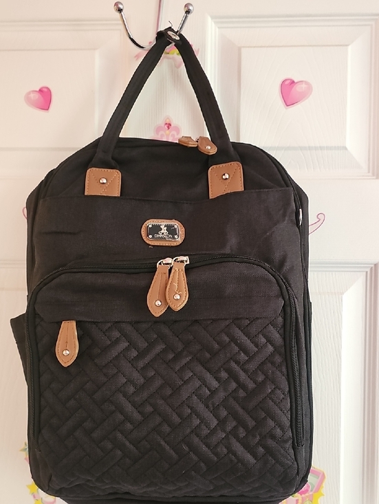 dikaslon Handbags - Backpack Baby Bag Black Quilted Travel Backpack with Tan Accents